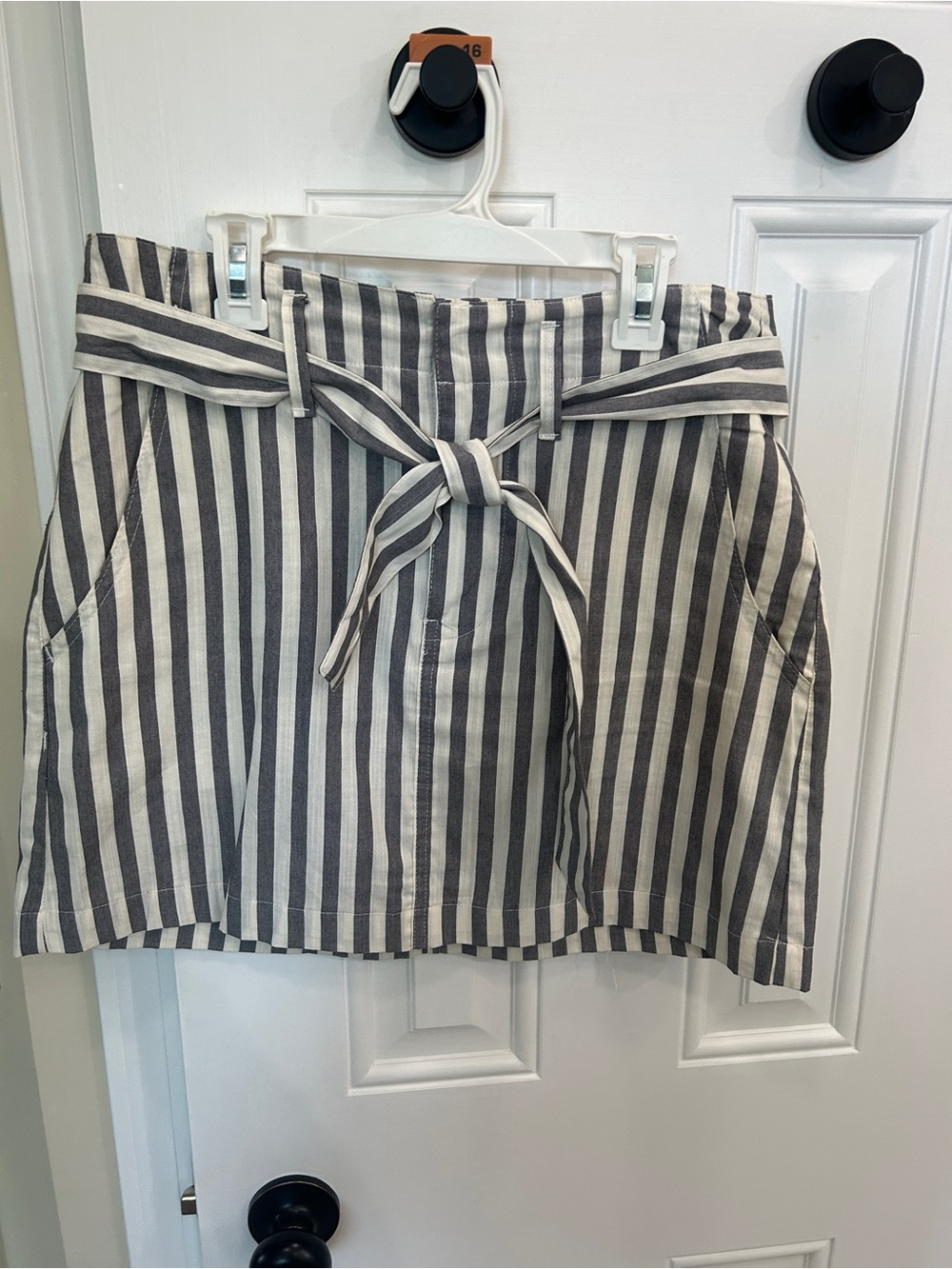 Indigo Rein Greyish/Boue and Ivory Vertical Stripe Tie-Front Mini Skirt